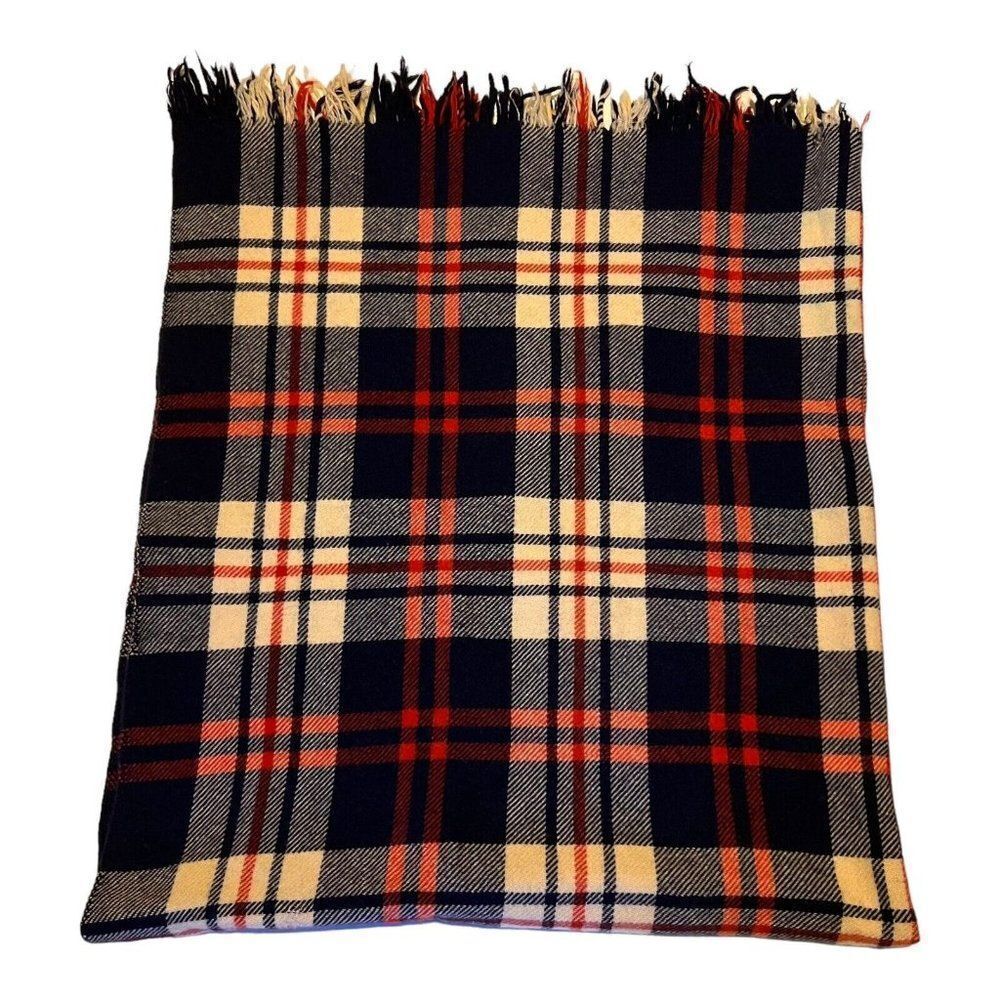 Vintage 100% Wool Stadium Blanket Red, White & Blue Tartan Plaid Throw 54x67 SEE